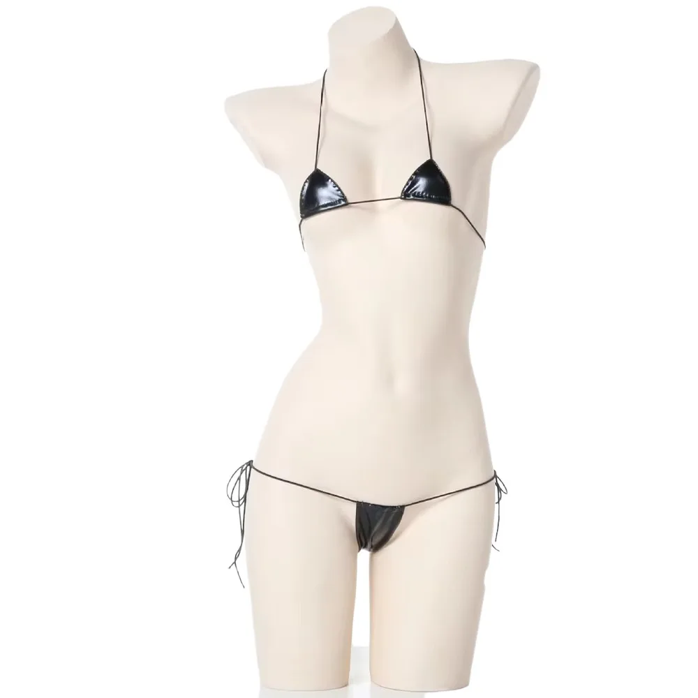 Sexy Micro Bikini Leather Lace Up PU Underwear Lingerie Swimsuit Low Waist Bikinis Sets Beach Swimwear