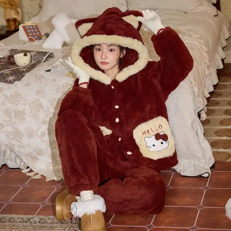 

Sanrio Hello Kitty women's Pajamas Set Coral Fleece Triple Layer Cotton Teen Girls Winter Homewear Cute Fleece Lined Thickened