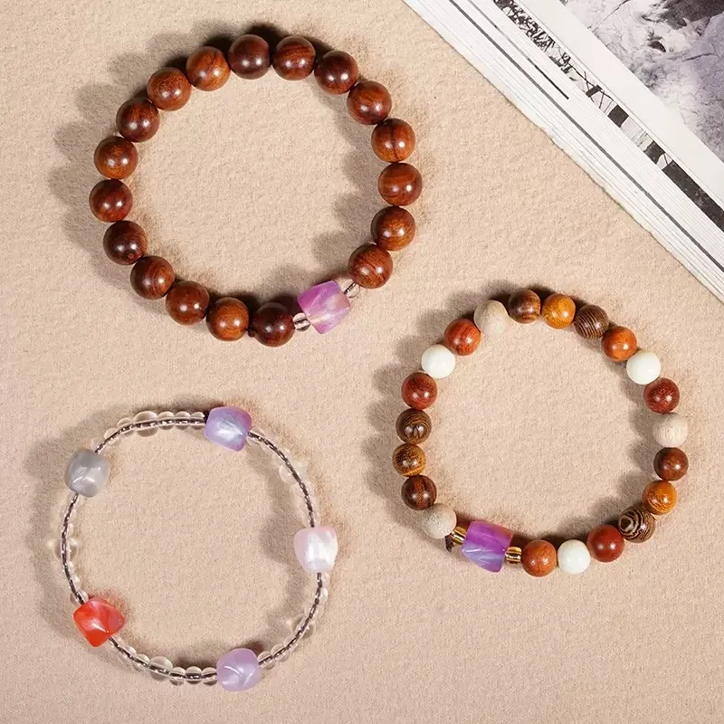 Gold-veined rosewood and sandalwood Buddhist beads, second-generation multi-gemstone amethyst bracelet, garnet prayer beads, woo
