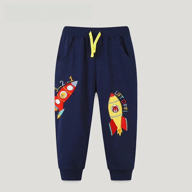 Children Pants Kid Boy Comfortable Trousers Navy Blue Sweatpants Adorable Cartoon Rocket Prints Yellow Drawstrings Side Pocket