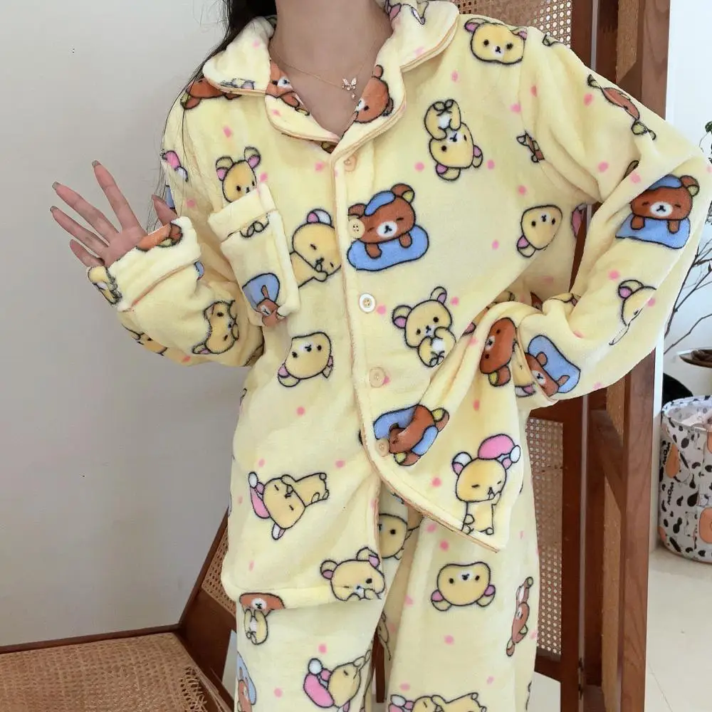 Kawaii Rilakkuma Anime Cartoon Coral Velvet Pajamas Winter Girls Warm Home Clothes Set Give Gifts To Girlfriend