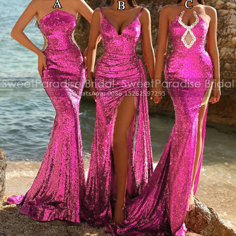 Customized Long Trumpet Evening Dress Hot Pink Sequins Beaded High Slit Mermaid Cutaway Sides Reception Dresses Party