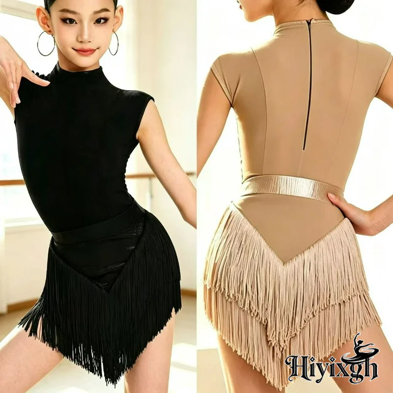 latin-dance-dress-for-girls-high-neck-short-sleeve-bodysuit-tassel-skirt-daily-training-cha-cha-performance-practice-dancewear