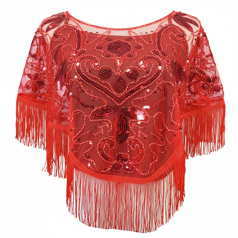 

Модная женская тюлевая накидка с пайетками и бисером, с бахромой, ажурная, с V-образным вырезом, разноцветная, для свадьбы, свадебные аксессуары