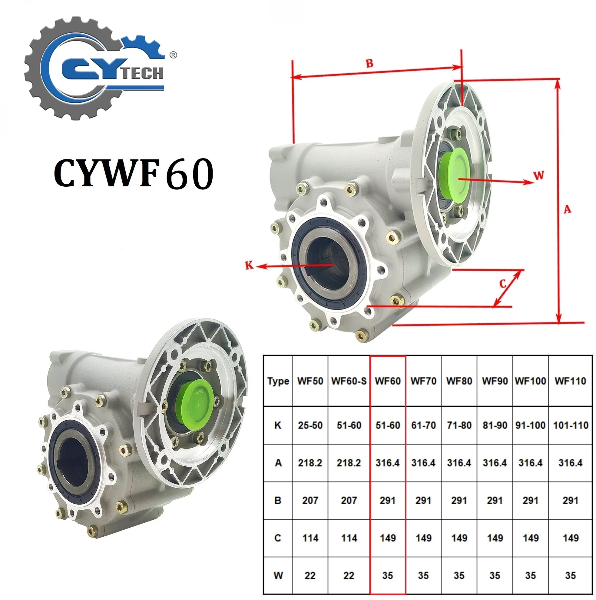 CHENYUE  Worm Gearbox CYWF60 Gear reducer Input 14/19/24/28mm Flange 71B5/80B14/90B5/100B14 Output 60mm Ratio 5:1-100:1