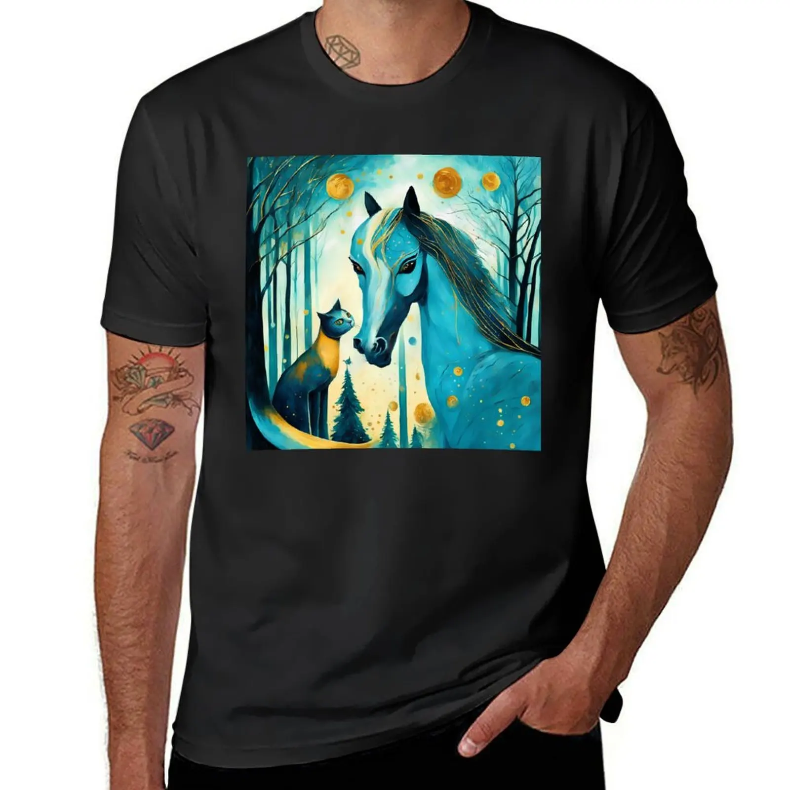 A magical cat and a magnificent horse in a fairytale forest. T-Shirt Short sleeve tee Blouse funnys funny t shirts for men