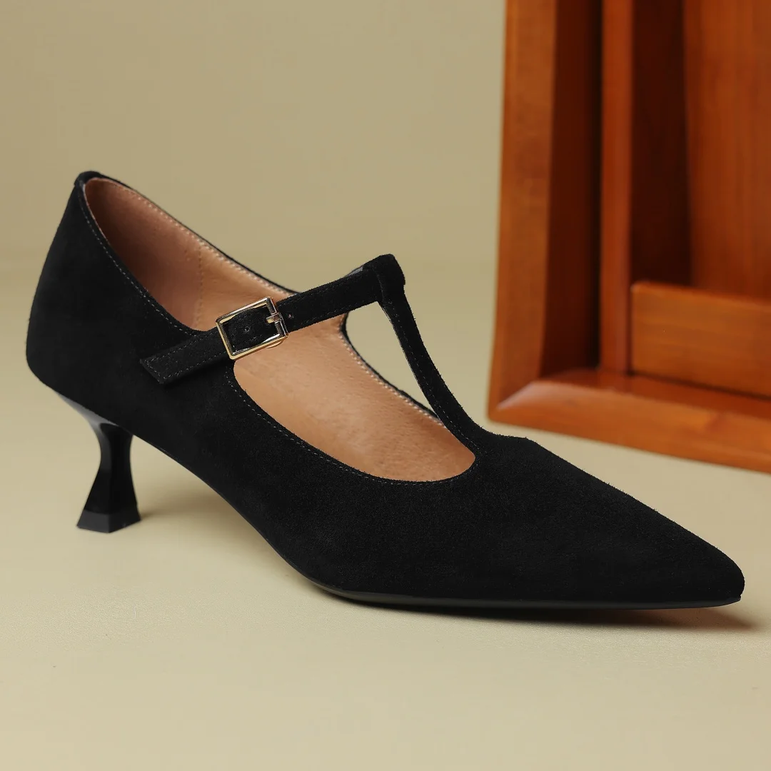 Elegant ladies thin high heel pointed toe t-strap pumps natural suede leather retro female evening dress heeled shoes for woman