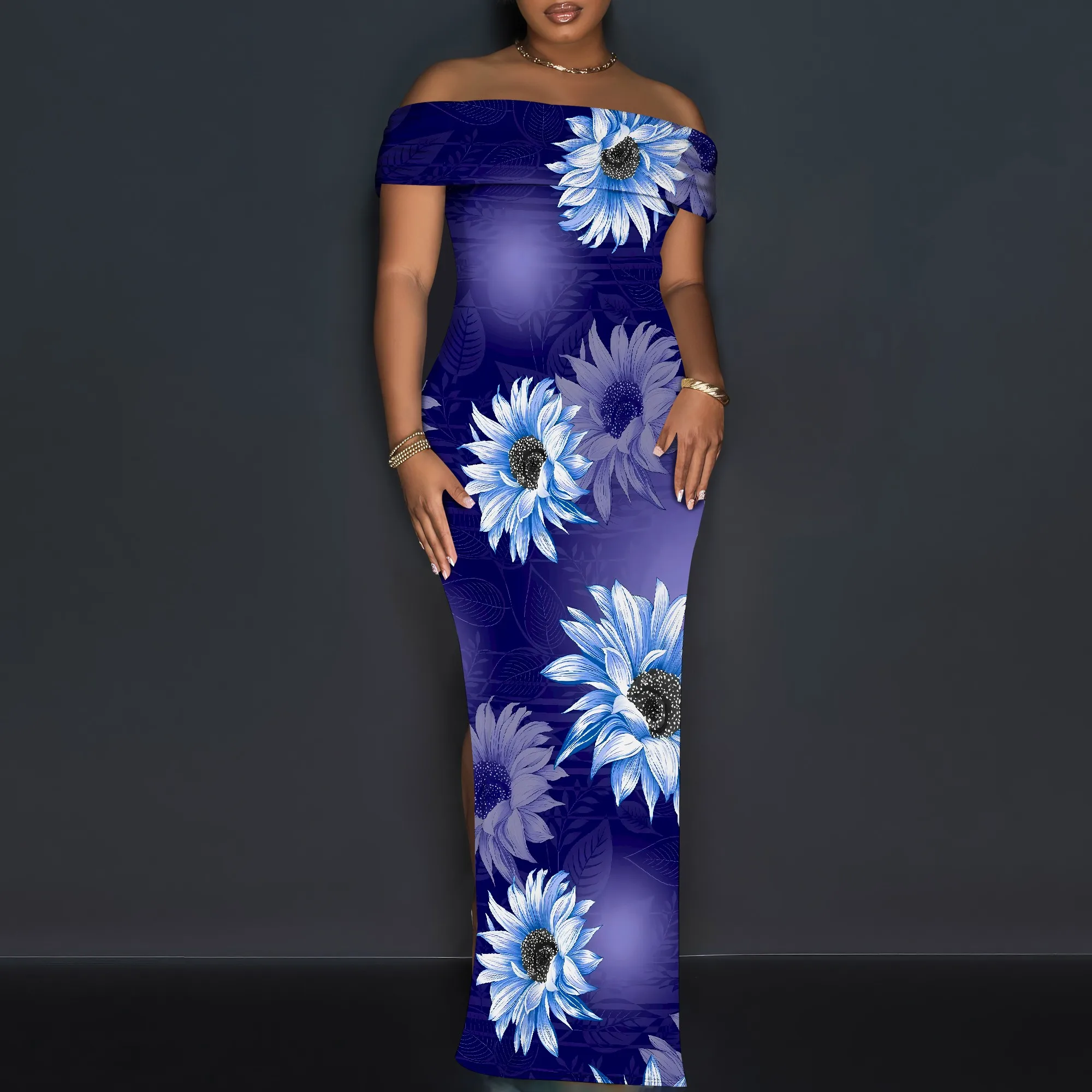 

Nupusa Sunflower Print Dress for Women Summer Casual Off - Shoulder Split Thigh Maxi Dress