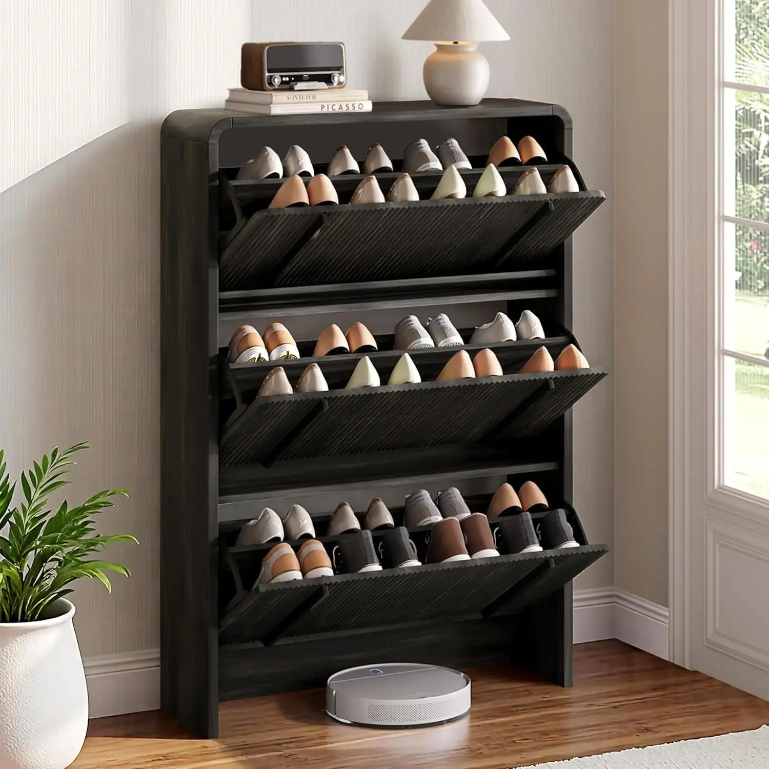 Fluted Fluted Shoe Cabinet 3 Flip Drawers Adjustable Shelf Freestanding Entryway Storage Organizer Space Saving, Customized - Aliexpress Deal