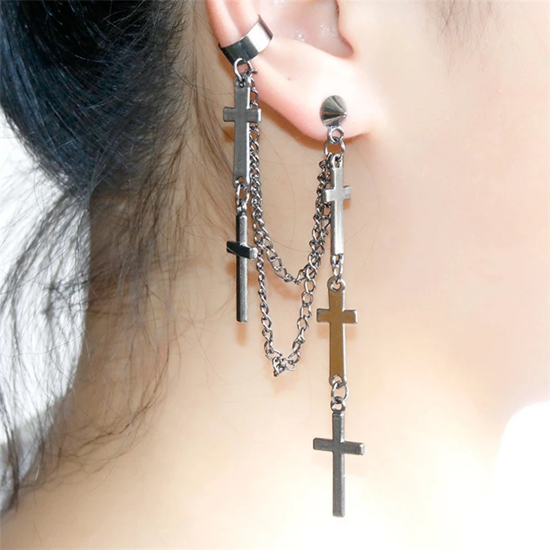 Unisex Punk Cross Tassel Earring Clip Women Exaggerated Modern Metal Christian Chain Drop Dangle Earrings Gothic Hip Hop Jewelry