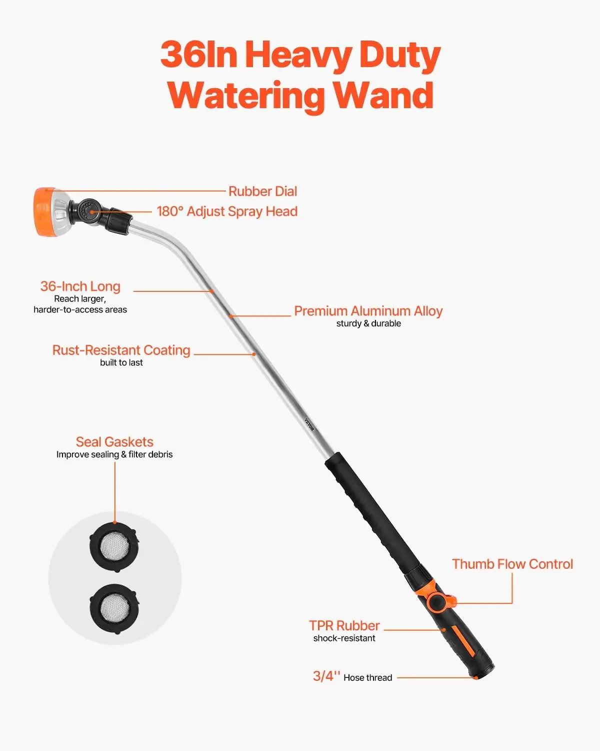 Watering Wand, 36-Inch Extra Long Heavy Duty Garden Hose Wand with 8 Spray Patterns & 180° Swivel Head, Long Hose Nozzle Sprayer