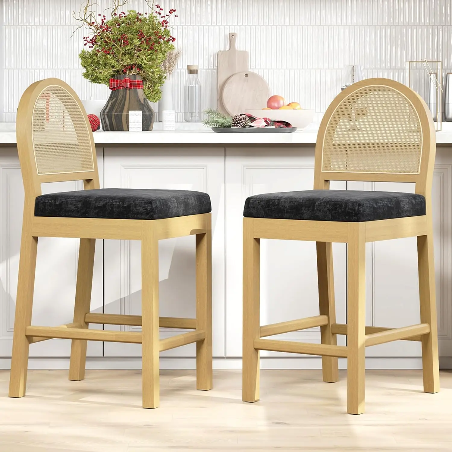 Bar Stools 2 Pcs Counter Height Wooden Woven Back & Chenille Seat Mid Century Kitchen Island Black, Customized