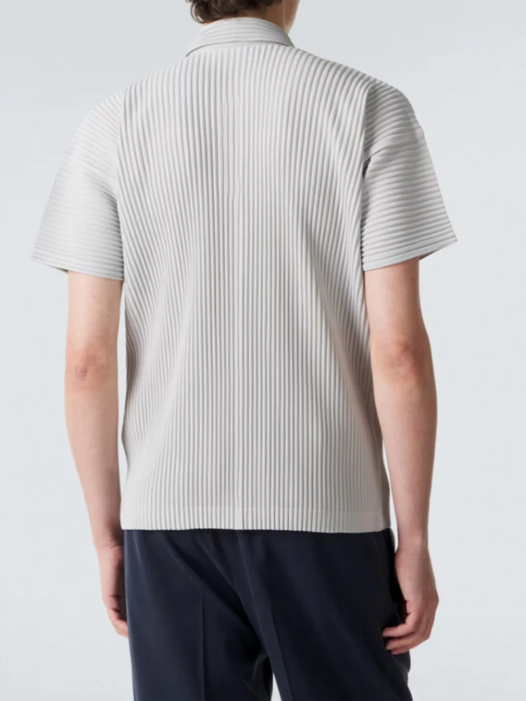 Men's Miyake Pleated Polo Shirt Short Sleeve Lapel Collar Breathable Stretch Lightweight Loose Fit
