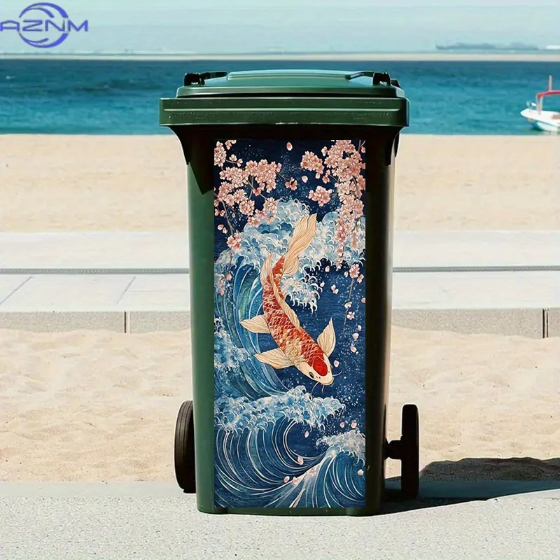 1pc Spiritual Harmony Art Trash Can Sticker for Bedroom Livingroom Bathroom, Ocean Waves Stickers, Cherry Blossoms Self-Adhesi