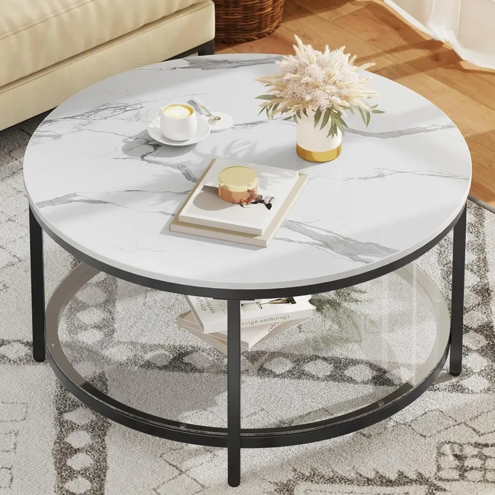 

Marble Round Coffee Table with Glass for Living Room, 2-Tier Circle Coffee Table with Storage Clear Coffee Table