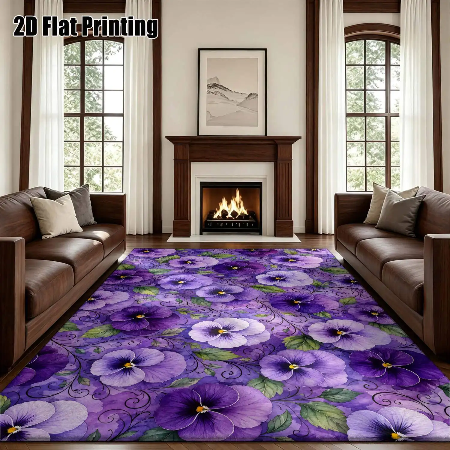 1Pc 2D Printed Purple Floral Pattern Carpet: European, Bohemian, Vintage, Minimalist Styles Home Decor, Multi-Size, Machine Washable, Ideal for Entrance, Dining, Foyer, Bedroom, Living Room.