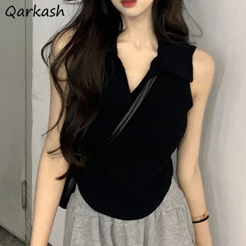 

Sleeveless Sexy Tops T-shirts Women Clothing Vintage Summer Streetwear Lady Cool Fashion Lapel Slim All-match Korean Style 2023