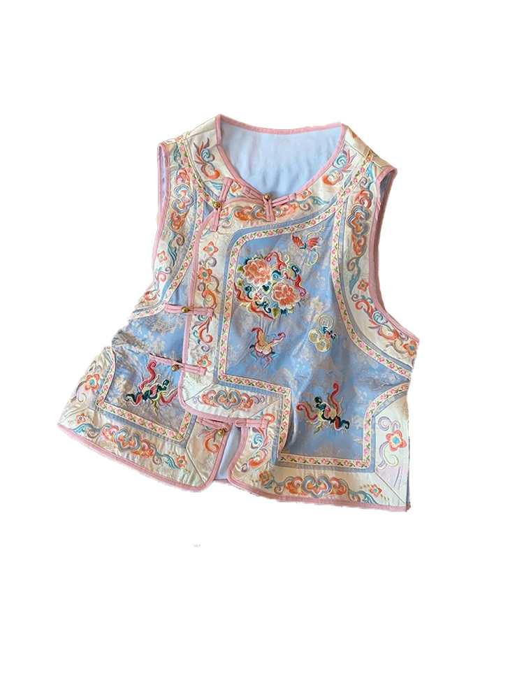 

Large Size Ethnic Sle Embroidered Button up Women's Vest Spring Outerwear Trendy Chinese National Sle Bal Tank Top