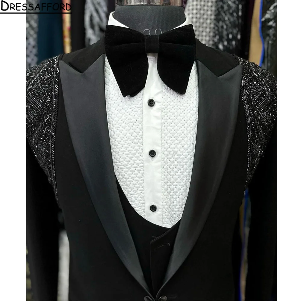 Black Blazers Men Suits Handmade Pearls Beading Fashion Banquet 2 Piece Business Jacket Pants Trousers