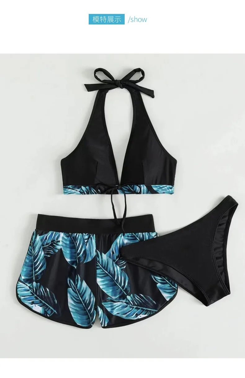 Mujeres 2025 Nuevos Bikinis 6 Colores Sexy Halter Bikini Conjunto de 3 piezas Estampado de hojas Traje de baño de talle 