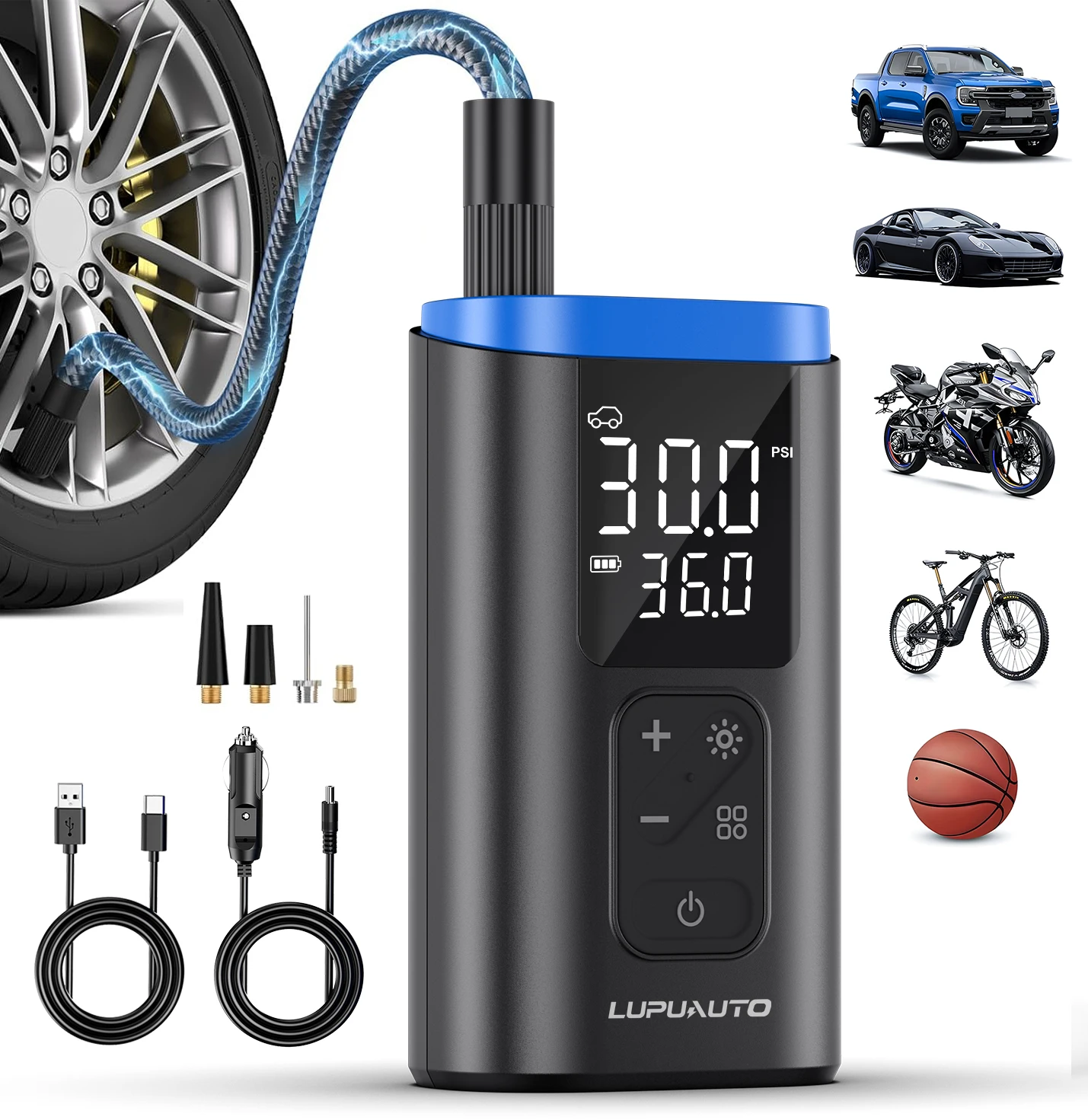 Smart Air Pump Tire Inflator Portable Air Compressor with Digital Pressure Gauge for Car Bike Motorcycle Ball USB Rechargeable