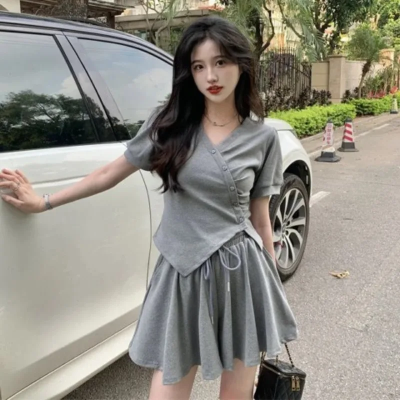 Irregular Short Sets Women V-neck Short-sleeved Solid Color T-shirts + High Waist Drawstring Shorts Summer Two-piece Set Female