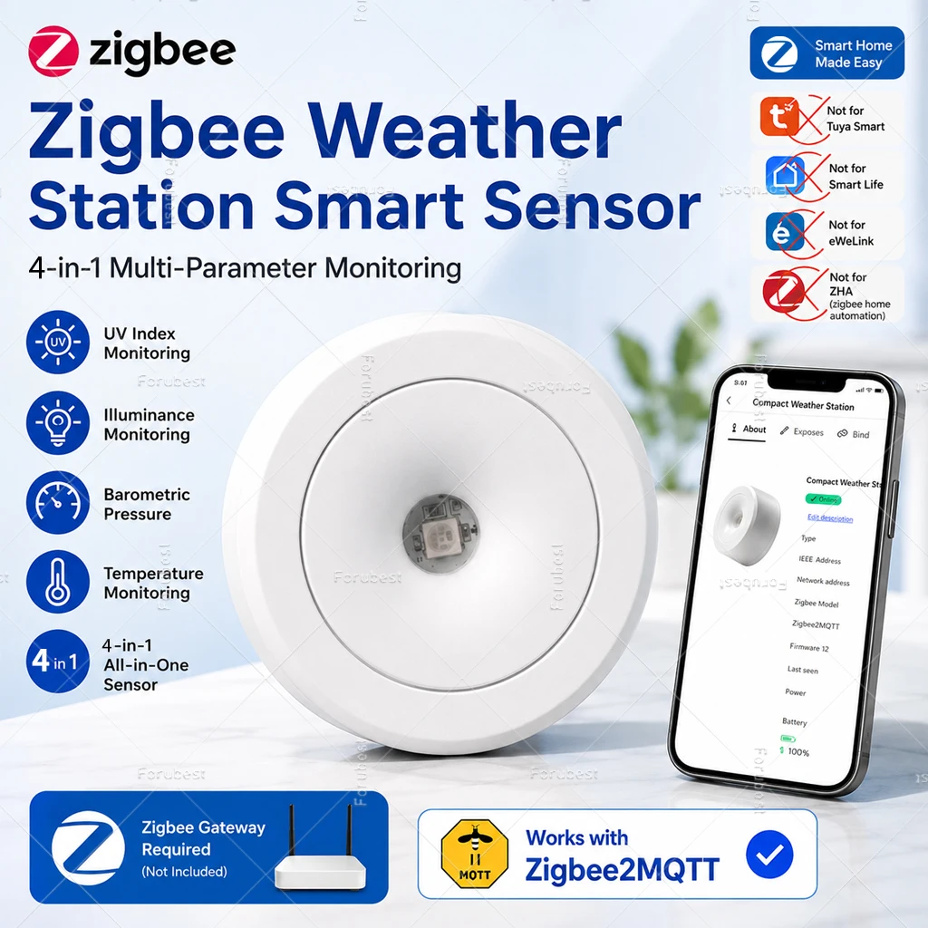 Zigbee 3.0 UV-Sensor, Atmosphärendruck, Helligkeit, Temperatur, Wetterstation, Drahtloser Sensor, Intelligente Automatisierung für Zigbee2MQTT – Detail 1