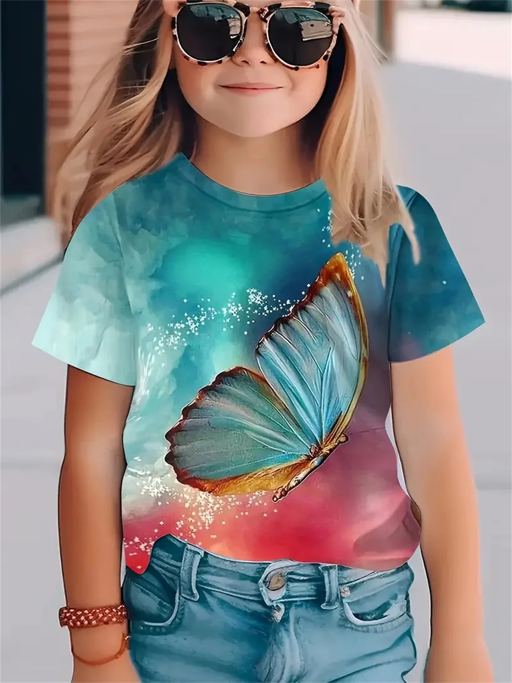 2025 Casual T-Shirts Girls' Clothing New Funny Animal Butterfly 3d Print Girls' T-Shirts Party Fashion Short Sleeved Tops Tee