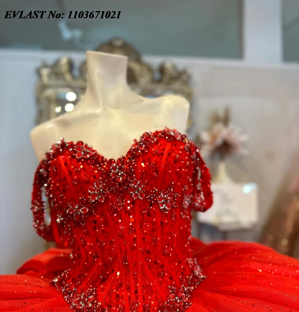 EVLAST Customized Glitter Red Quinnceanera Dress Ball Gown Lace Applique Beaded Crystal Bow Sweet 16 Vestidos De 15 Anos SQ666