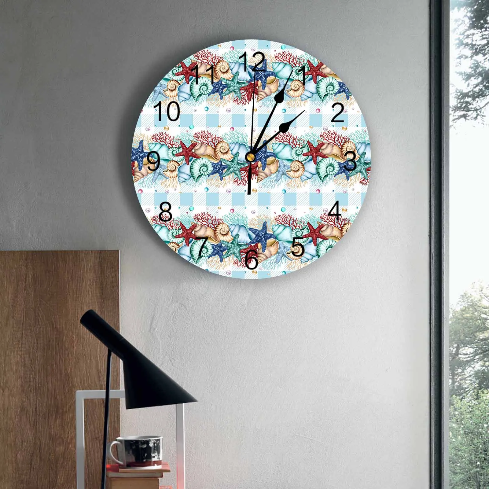 

Bedroom Wall Clocks Blue Plaid Marine Life Starfish Living Room Clocks Ornaments Baby Room Study Mute Wall Clocks