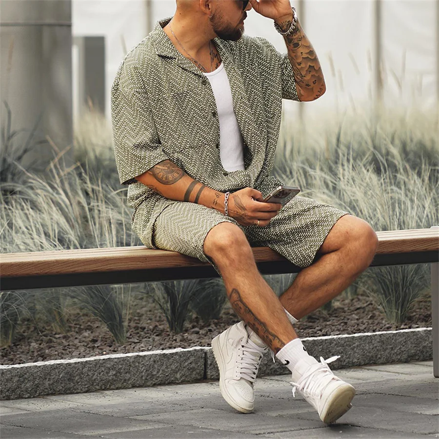 Men Summer Shorts Set Two Piece Suits Beach Lapel Shirts and Shorts Men\'s Outfits Casual Sports Clothes Tracksuit Streetwear