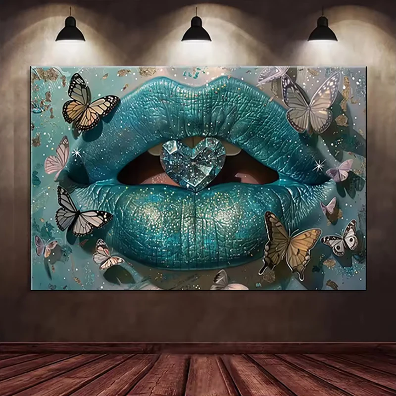 Cuadro bordado de diamantes, labios de mujer, arte de mariposa, Kits de pintura de diamantes 5D, mosaico, punto de cruz, arte de pared