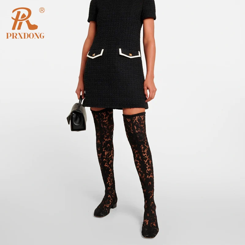 PRXDONG New Brand Spring Autumn Low Square Heel Round Toe Black Sexy Over The Knee Boots Big Size 34-43 Dress Party Casual Shoes