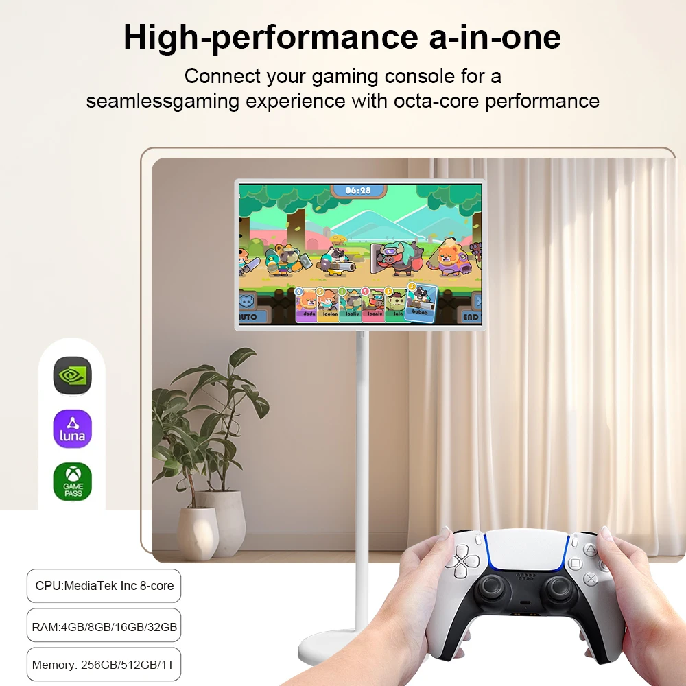 24-calowy bezprzewodowy ekran dotykowy Android TV Monitor Home Entertainment Podświetlenie LED Biała szafka System operacyjny Android 12 Stojak w zestawie