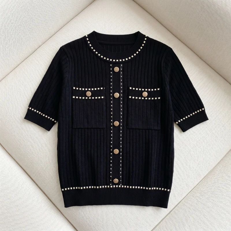 AOSSVIAO Weißes Damen-T-Shirt Sommer 2026 Kurzarm-Oberteil mit Taschen Basic T-Shirts Gestrickte Freizeitkleidung Tee Shirt Femme – Detail 4
