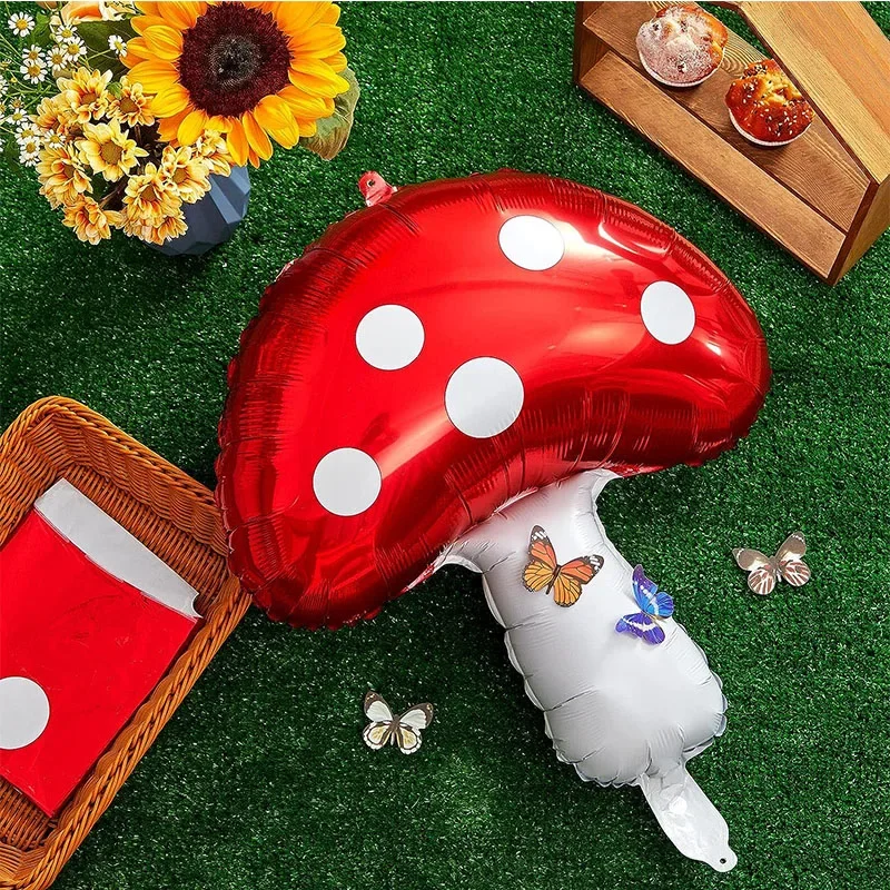 6Pcs Woodland Fairy Forest Mushroom Balloon Decoration Cute Red Mushroom Foil Red Fun Forest Plant Theme Mushroom Party Balloons