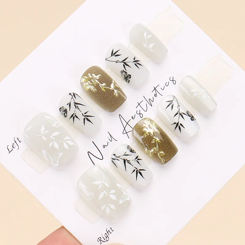 24pcs/set New Chinese Style Bamboo Press on Nails Fake Acrylic Medium Nails Press on Short Nails Black Nail Tips  Squared Oval