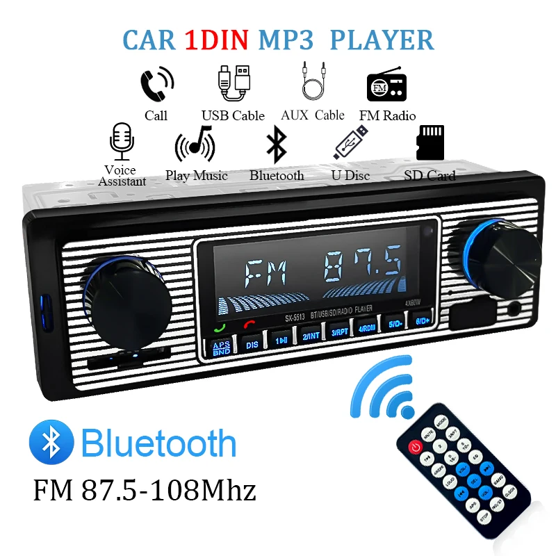 싱글 DIN 블루투스 FM 라디오 자동차 스테레오 – USB, SD, AUX 입력 지원, 12V MP3 멀티미디어