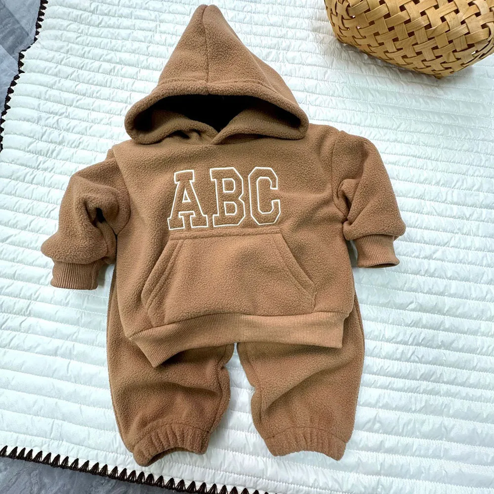 2Pcs Autumn Unisex Baby Clothes Letter Print Long sleeve Hooded and Elastic Pants Solid Color Lambskin Baby outfit sets