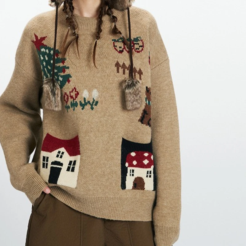 

Christmas cartoon autumn and winter outerwear sweater female couple outfit crew neck pullover loose lazy knitting
