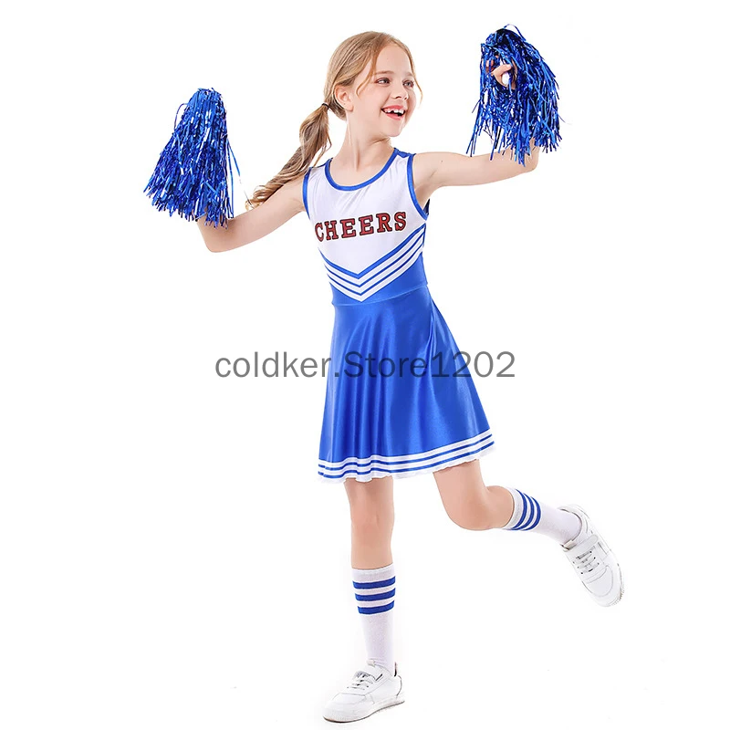3pcs Cheerleader Costume for Girls Party Dress Halloween Cute Uniform Outfit Cheerleading Dance Costumes With Socks Pompom