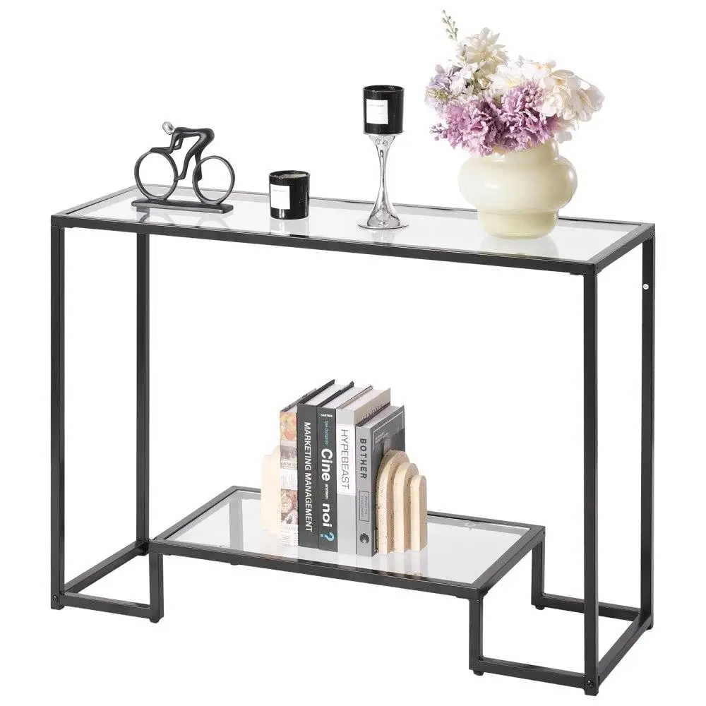 

Modern 2Tier Glass Console Table Stylish Rectangle Side Table with Tempered Glass Top and Iron Legs for living Room Entryway