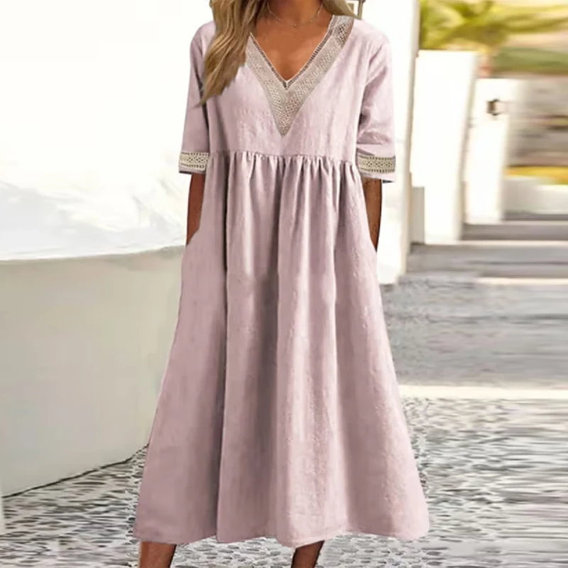 Women Elegant V-neck Party Dress Summer 2023 Fashion Solid Half Sleeve Cotton Linen Long Dress Ladies Casual Loose Dress