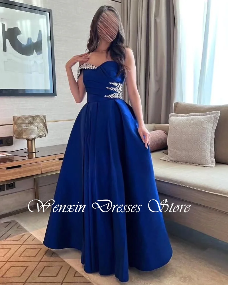 Customized Elegant  Blue Satin Evening Dress Classic Off the Shoulder Strapless Homecoming Dresses Fashion  Vestido De Festa image 4