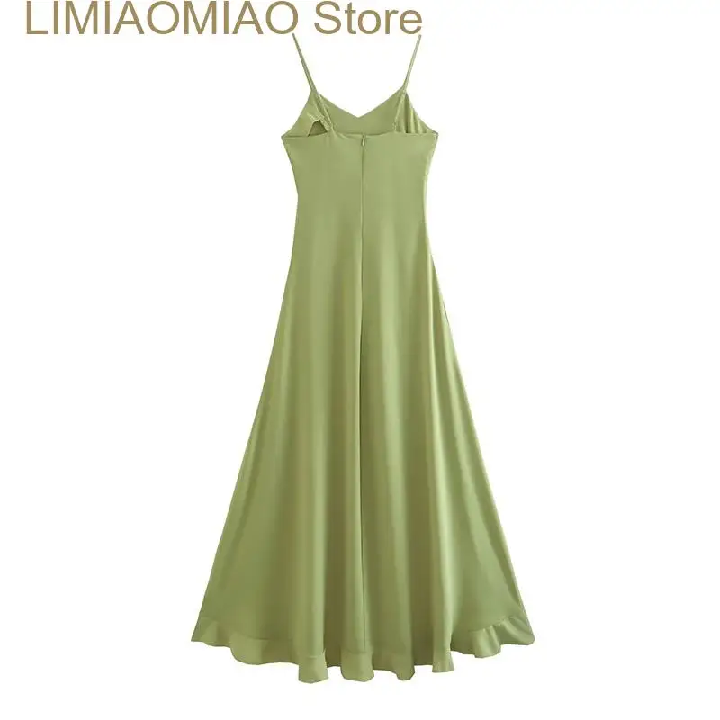 New Green Ruffle Slip Dress Women Sexy V-neck Sleeveless Long Dresses Female Summer Fashion Slim Zipper Ladies Vestidos