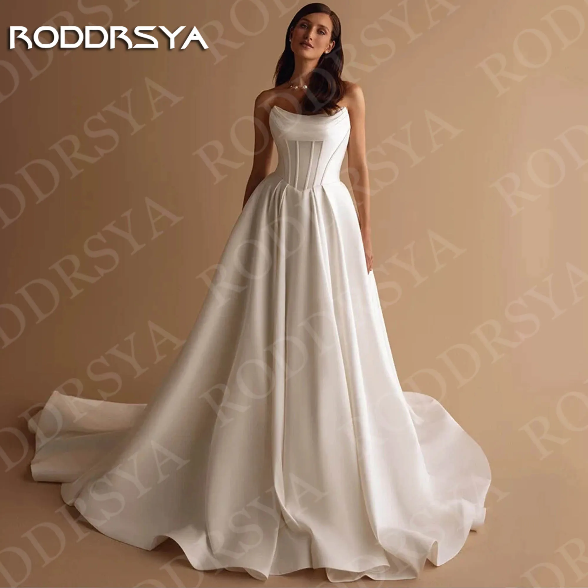 

RODDRSYA Elegant Wedding Dresses Simple Bridal Gowns robe de mariée Satin Strapless A Line Bride Dress Sleeveless Customized
