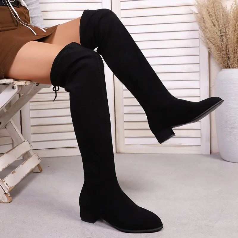 

Women High Boots Over The Knee Suede Mid Heels Shoes Chunky Fashion Pumps 2025 Winter New Trend Woman Casual Chelsea Long Botas
