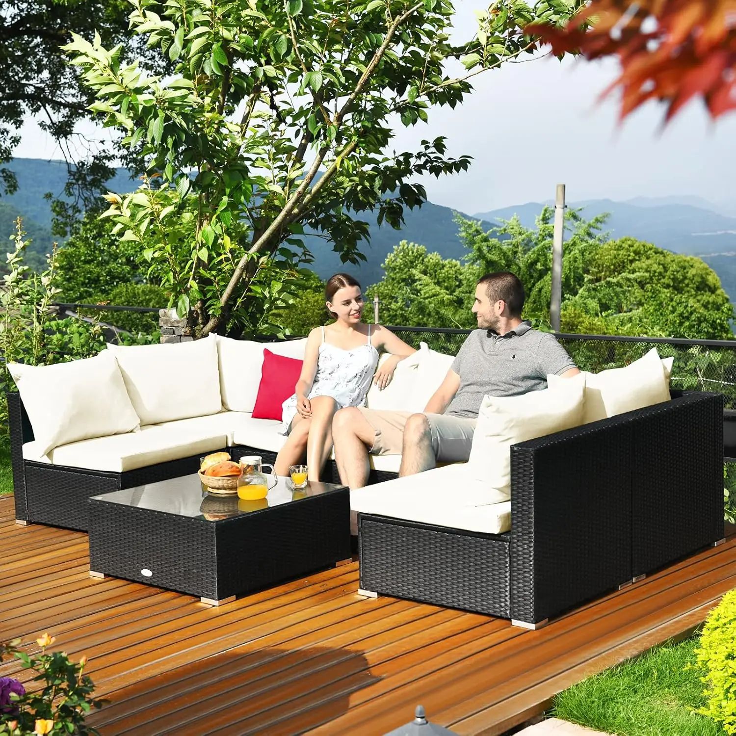 Tangkula-Conjunto de Móveis para Pátio, Sofá Seccional Exterior com Travesseiros e Almofadas, Café e Café, 7 PCs