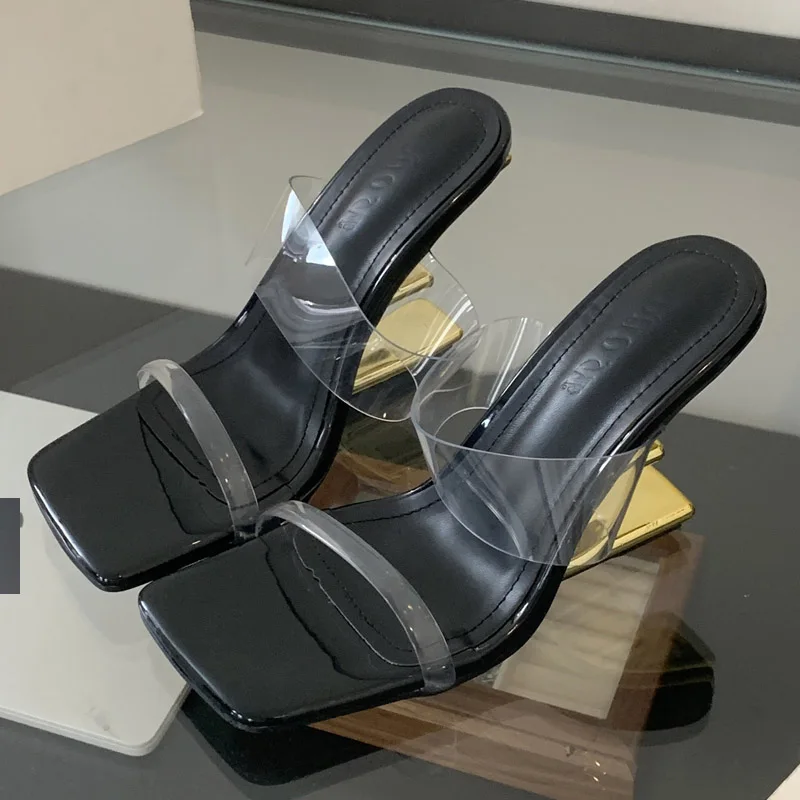 Aneikeh Summer Fashion Golden Cross Transparent Straight Strap Sandals Exposed Toe Sexy High Heels Slippers Mules Ladies Shoes