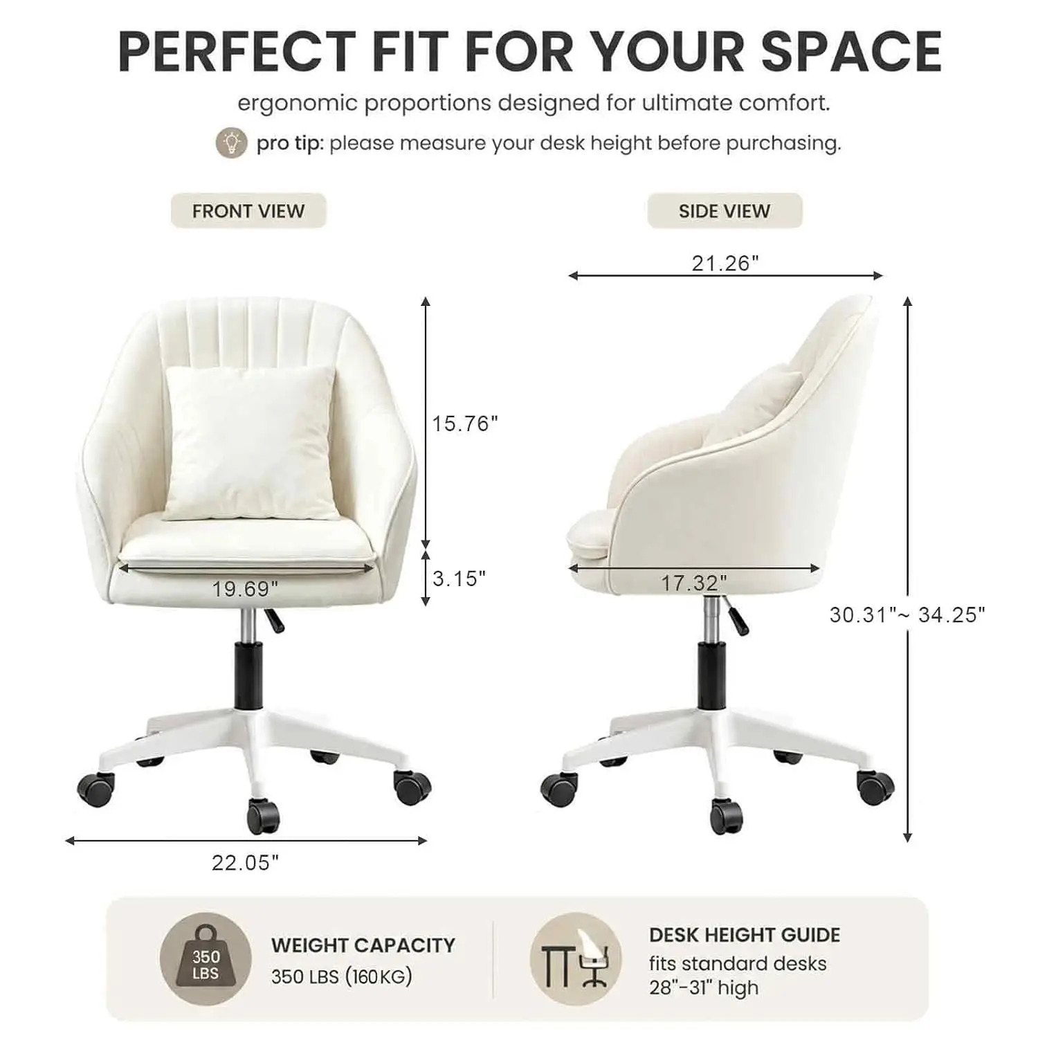 Velvet Desk Chair with Pillow Upholstered Vanity Chair for Girls Women, Home Office Computer Task Chair with Wheels Swivel